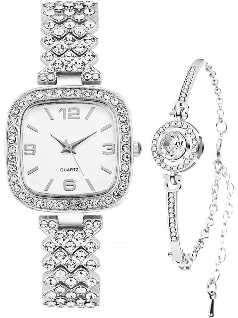 Women's Silver Fashion Luxury Vintage Diamond Square Digital Dial Quartz Watches